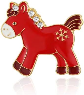 Red cubic zirconia stones set along a cast carousel horse brooch, measuring 1.38 inches across for lapels and knit scarves.