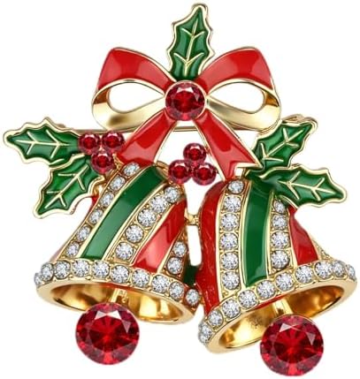 Holiday bells shaped in plated metal and set with faceted created crystal on a secure pin back.