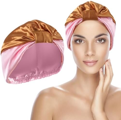 Smooth double-layer satin bonnet with an adjustable tie band, cut with a 10.6-inch diameter in soft khaki and pink tones.