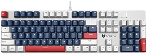 A full-size 104-key wired board fitted with linear red switches, swappable sockets, and three-tone keycaps.