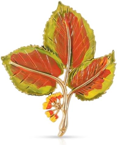 Autumn orange leaf brooch pin with rich enamel tones, built on our flower bench for coats, dresses, and thick scarves.