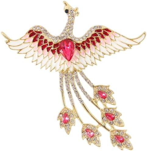Pink enamel and created crystal phoenix brooch on a plated metal frame for lapels, coats, and hats.