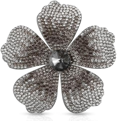 A grey hibiscus hair clip and brooch set with created crystals across layered petals, measuring 2.9 inches wide.