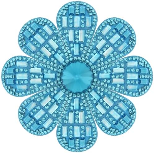 Blue fabric petals set with glass rhinestones, fitted with both a brooch pin and an alligator clip.