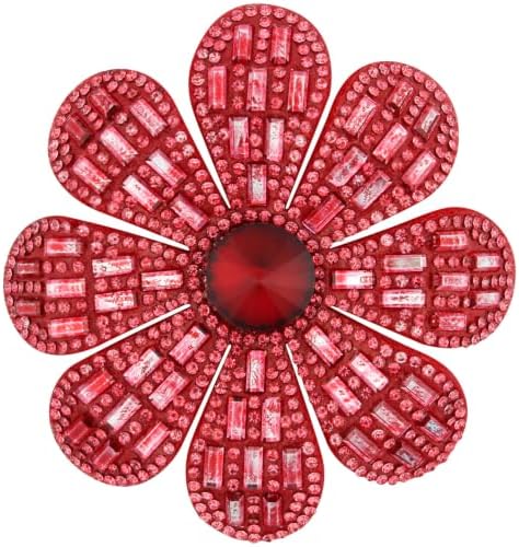 Layered red petals set with glass rhinestones, built with both a pin stem and an alligator clip on a fabric base.