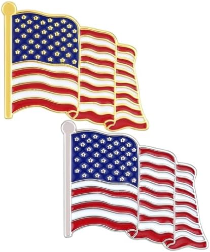 Two waving flag lapel pins cast with gold and silver tone bases, finished with enamel color fills and brass butterfly clutches.