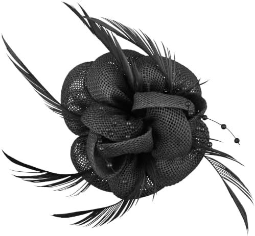 Shaped from black linen-texture fabric with feather accents and simulated pearls, this flower pins to coats or clips into hair.