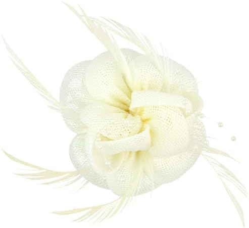 Layered off-white petals, light feathers and simulated pearls on a dual pin and hair clip mount.