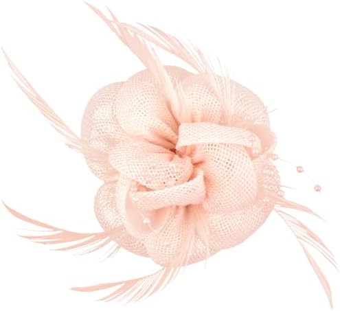 Layered pink linen-like fabric, feather accents, and simulated pearl center on a combined brooch pin and hair clip.