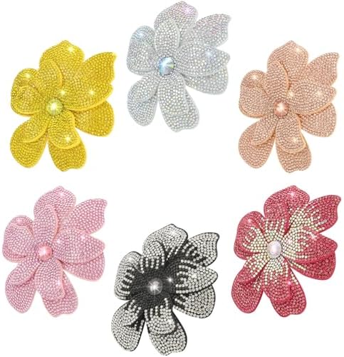 Layered polyester petals shaped like camellias, fitted with dual brooch pins and alligator hair clips in a set of six.