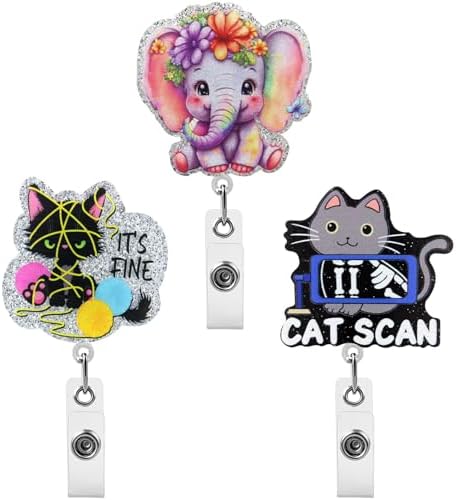 Three retractable badge reels with a glitter elephant, horizontal scan cat, and black cat holding coffee.