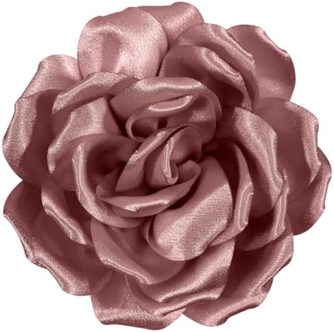 Fabric rose petals in dusty pink measure 4.3 inches across, fitted with both a brooch pin and an alligator hair clip on the back.