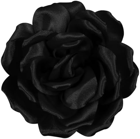 A black fabric rose measuring 4.3 inches across, mounted on a dual pin and alligator clip back for hats or lapels.
