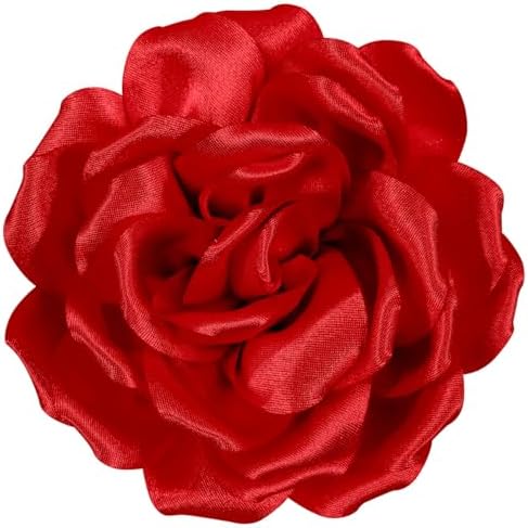 Layered red fabric petals shape this 4.3 inch rose, fitted with both a brooch pin and a hair clip on the back.