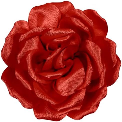 A red satin rose measuring 4.3 inches across, mounted on a dual base with both a hair clip and a safety pin back.