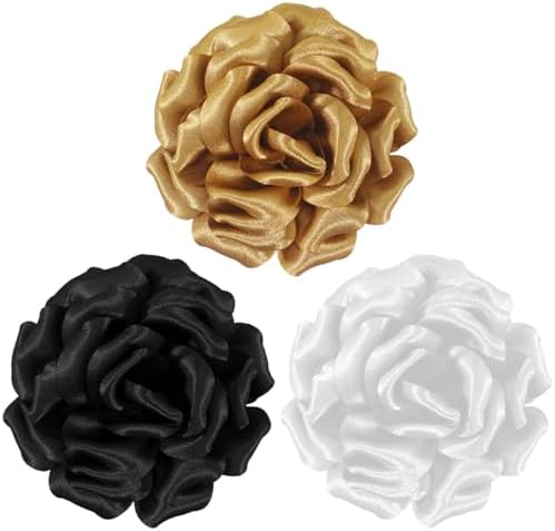 Layered satin silk petals form a full 4.3 inch rose backed with both a brooch pin and an alligator hair clip in a set of three.