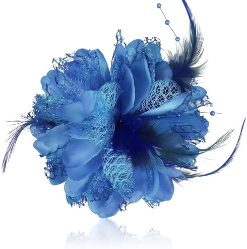 Feather strands and fine blue mesh form a layered flower brooch that fastens by pin or clip.