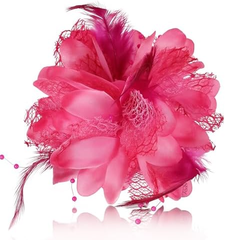 We shaped layered pink petals across fine mesh and feathers, set on a dual clip and pin back measuring 4.72 inches across.