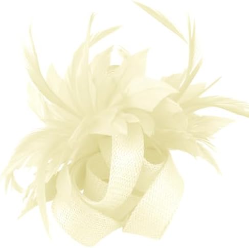 Linen-texture fabric petals and light feathers build a five-inch flower fascinator with both a pin and clip back.