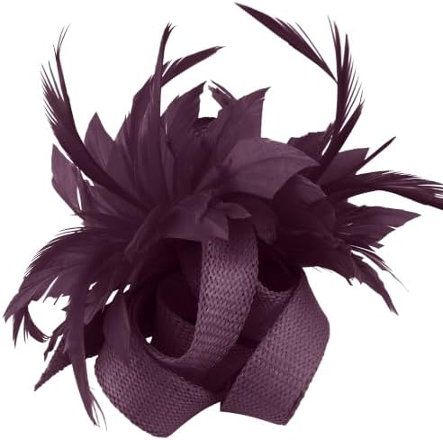 Layered purple linen-look fabric petals and soft feathers meet simulated pearls on a dual clip and pin base.