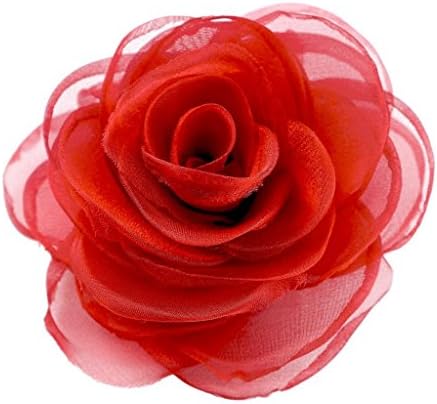 Layered fabric petals form this rose brooch, fitted with both a pin stem and an alligator hair clip on the back.