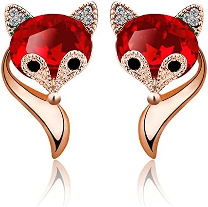 Small fox studs shaped in alloy with red created crystals and silver posts for daily wear on the earlobe.