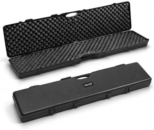 A long black polypropylene shell with convoluted lid foam, dense polyethylene base padding, and built in roller wheels.