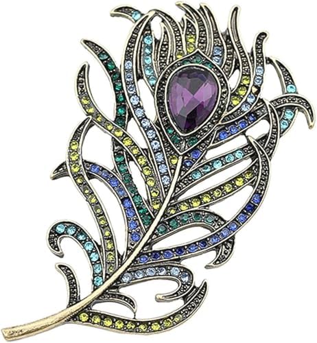 A feather brooch set with green, purple, and blue created crystals for lapels, scarves, and brimmed hats.