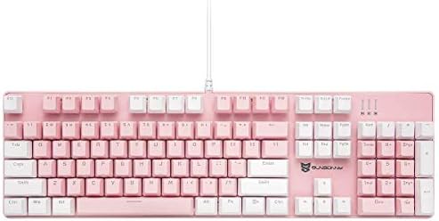 A full-size 104-key wired deck built with hot-swappable blue switches, pink and white ABS keycaps, and white backlighting.
