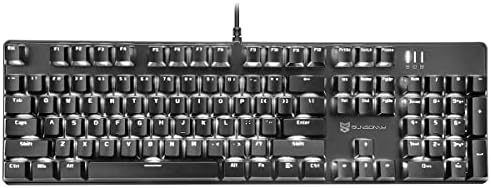 A wired 104-key board with tactile brown switches, ice blue backlighting, and a hot-swap socket under each ABS keycap.