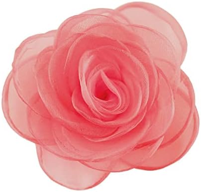 Light orange fabric rose spanning 4.3 inches across, built with an alligator clip and standard brooch pin at the back.