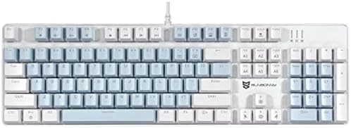 Our 104-key wired board pairs tactile blue switches with hot-swappable sockets, two-tone ABS caps, and 21 LED lighting modes.