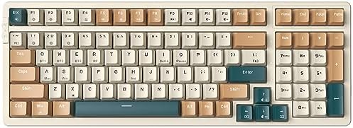 A compact 100 key board fitted with tactile brown switches, triple connection modes, and adjustable RGB backlighting.