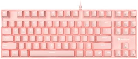 An 87-key pink board with hot-swap blue switches, white backlighting, and three connection paths for your desk or travel bag.
