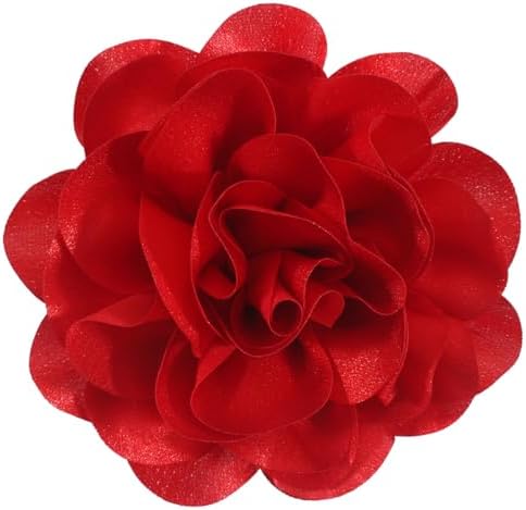 Layered red fabric petals span 6.3 inches across with both an alloy hair clip and brooch pin on the reverse.