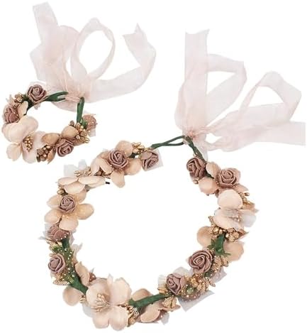Fabric blossoms in light brown shape this crown and wristband set, tied in place with long trailing ribbons.