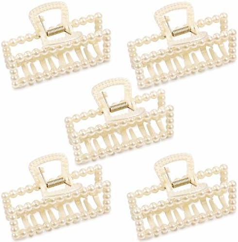 Five flat claw clips decorated with off-white simulated pearls and sprung with a firm internal hinge for daily styling.