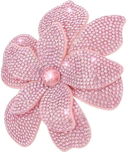Pink fabric camellia pin with created crystals, fitted with both a safety pin and an alligator hair clip on the reverse.
