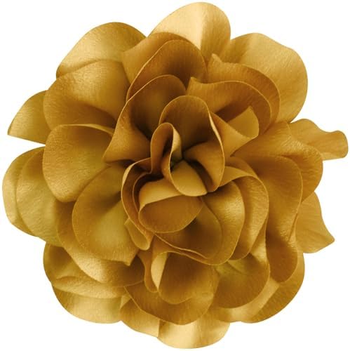 Layered golden fabric petals measure 6.3 inches across, fitted with both a hair clip and a safety pin back.