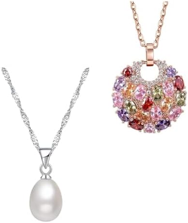 Two silver necklaces paired together, one with a simulated pearl drop and one with a four-prong created crystal flower.