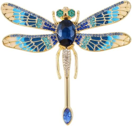 Blue created crystals set along the wings and body of a dragonfly pin, built for wool lapels, collars, and hats.