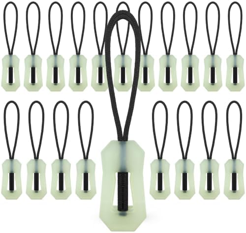 Square TPU zipper pulls with polyester cords that glow in low light, packed in a set of twenty for utility cases and bags.