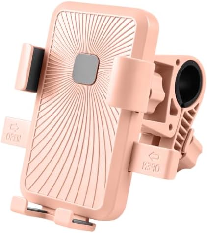 A pink handlebar cradle with auto-locking arms and full rotation that holds smartphones from 4.7 to 7.2 inches securely.