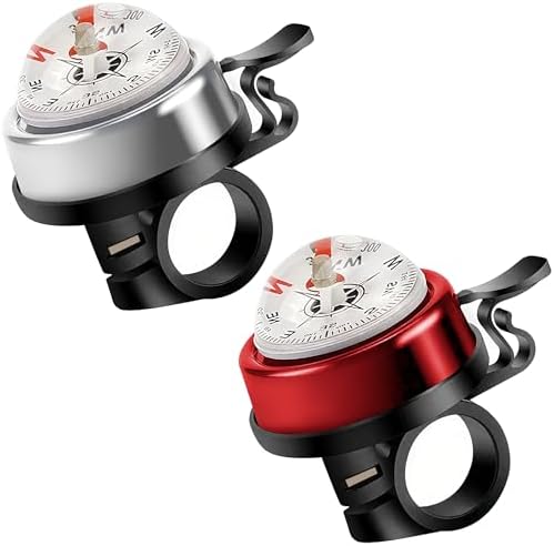 Two aluminum alloy dome bells with built-in compass dials, sized for standard 22.2 mm handlebars in red and silver.