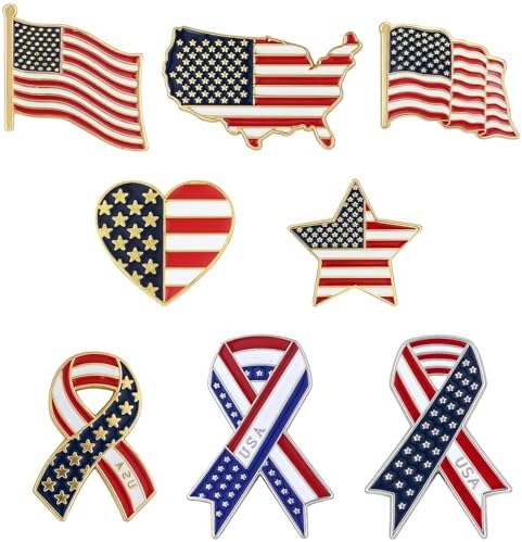 Eight patriotic pins struck on gold tone bases with colored enamel ribbon accents and butterfly clutches.