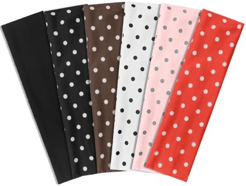 A pack of six wide fabric headbands cut from a stretchy polyester blend with classic polka dot prints.