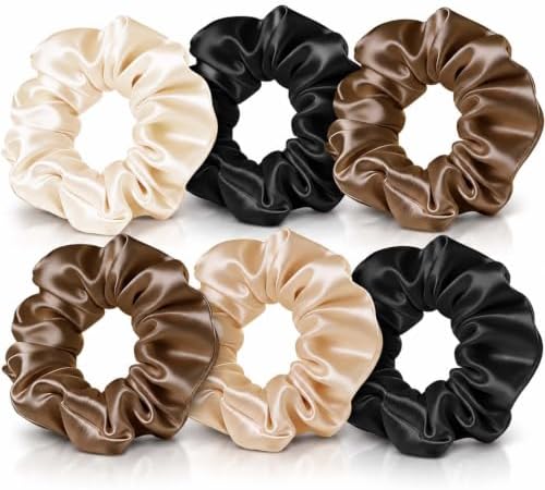 Six polyester fabric scrunchies with elastic cores in cream, light coffee, brown, and black tones.