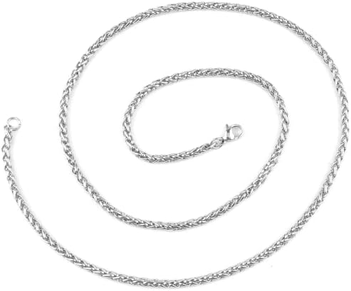 A polished stainless steel wheat link chain measuring 3 mm across and 50 cm long, ready for pendants or custom jewelry builds.