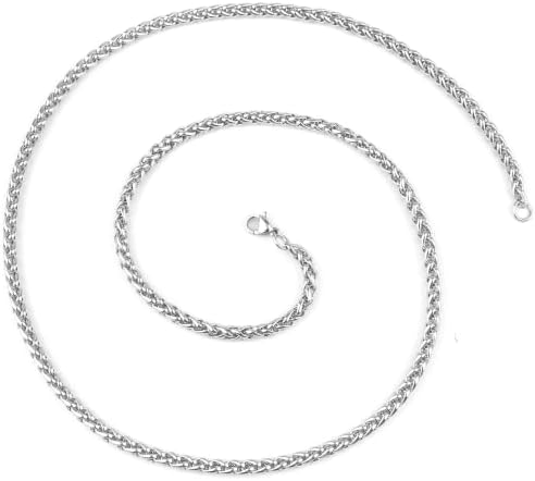 A four-millimeter wheat link chain cut to sixty centimeters in polished 304 stainless steel for pendants or standalone wear.