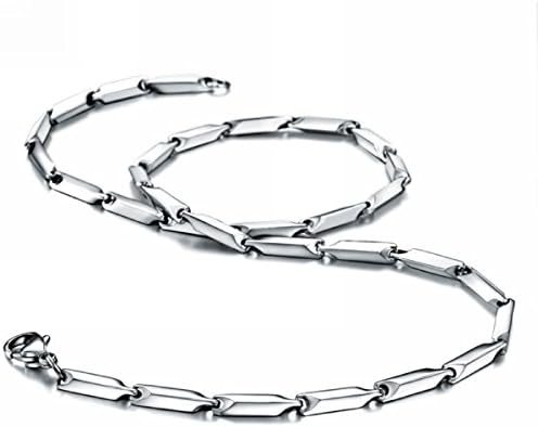 Solid stainless steel ingot links measure four millimeters thick on a thirty-two inch chain with a bright polished surface.